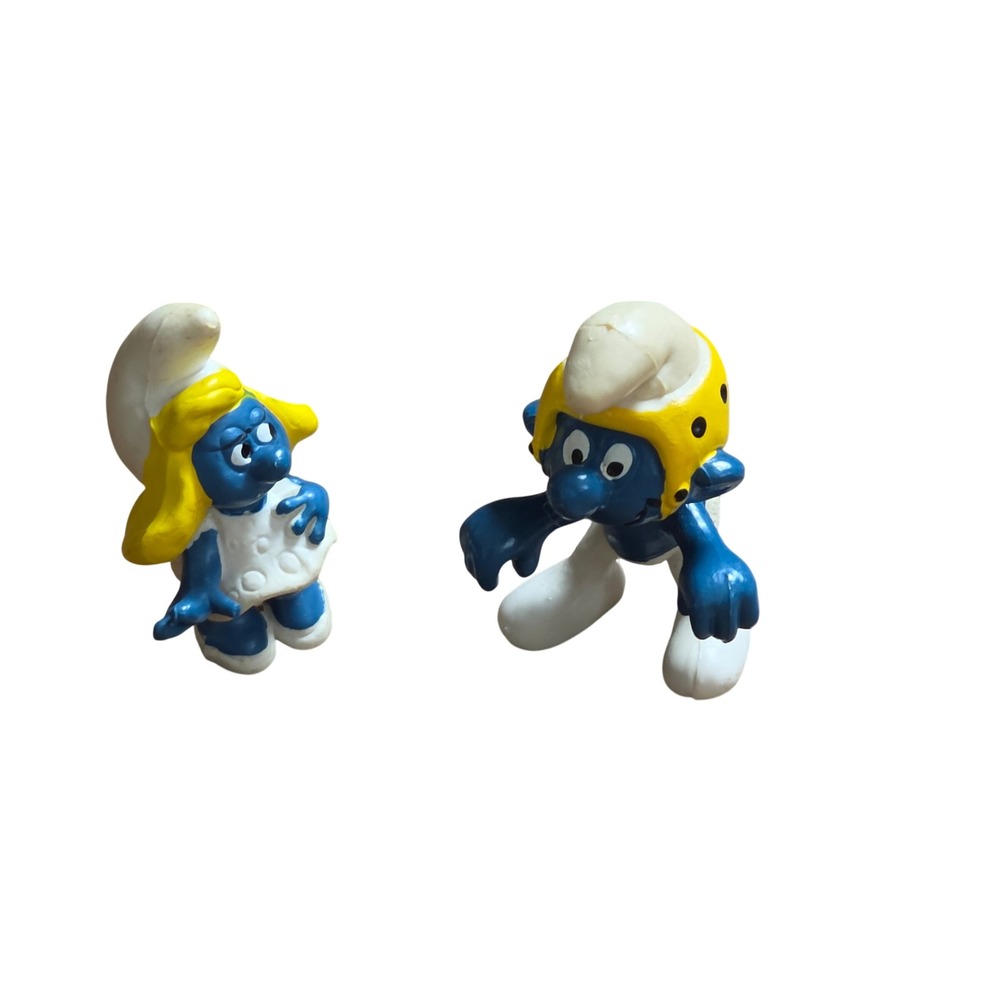 VTG 1980 Schleich Peyo Smurf Figures Smurfette & Driver Helmet Smurf W. Germany
